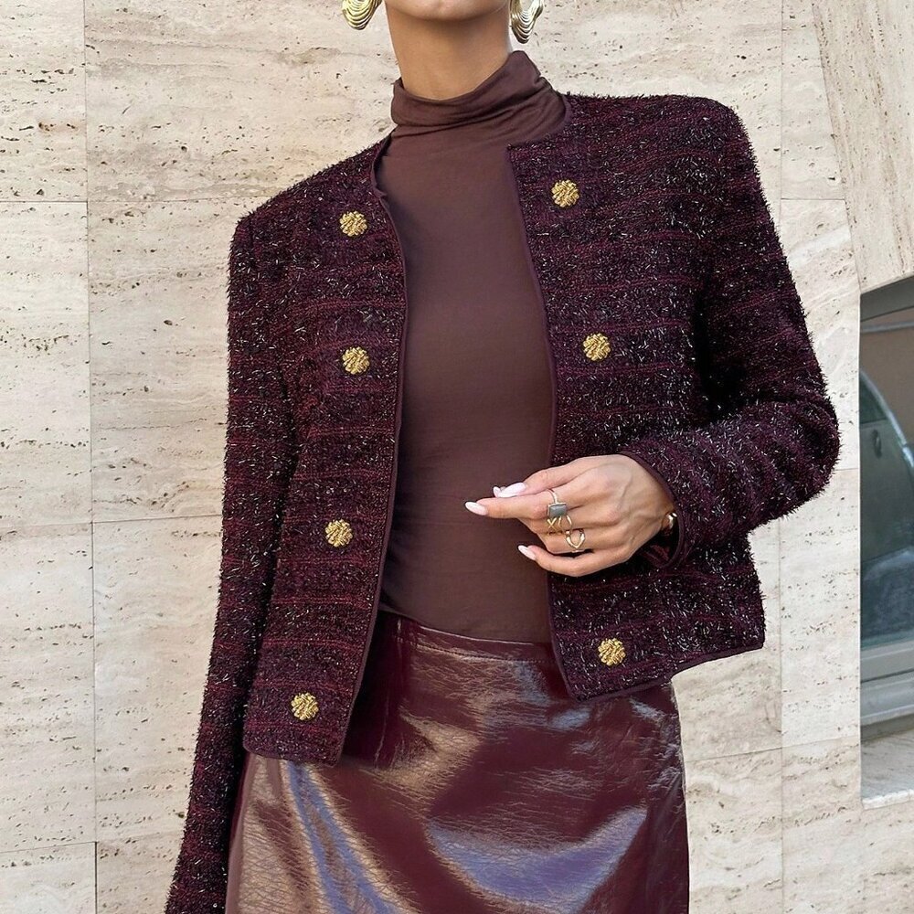 Burgundy Elegant Women's Wine Thick Tweed Round Neck Long Sleeve Jacket